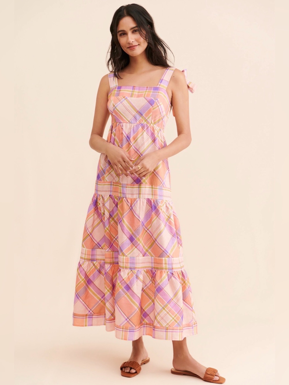 Kachel Tie Strap 100% Linen Drop Waist Tiered Maxi Dress XS Plaid Retail $195